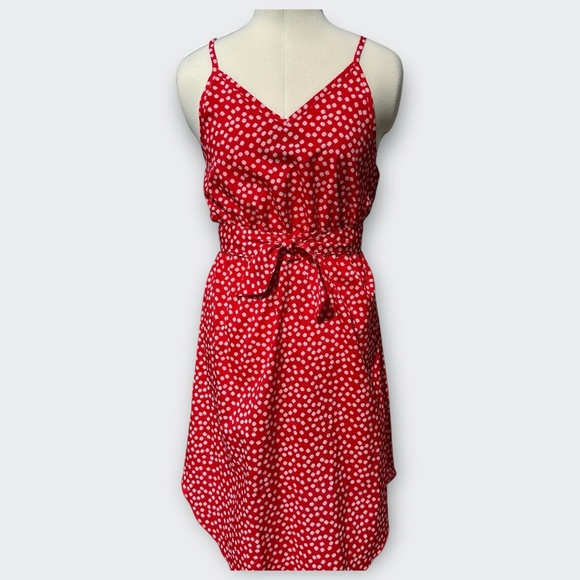 Red White Floral V-Neck Tie Waist Cami Mini Dress Retro Boho Chic Vacation S - Picture 5 of 12
